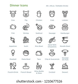 Dinner Icons - Outline styled icons, designed to 48 x 48 pixel grid. Editable stroke.