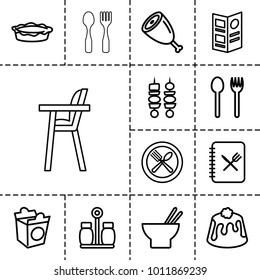Dinner icons. set of 13 editable outline dinner icons such as fork and spoon, asian food, pie, take away food, spoon and fork, kebab, menu, pepper, meat