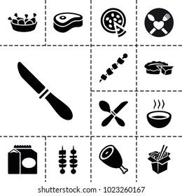 Dinner icons. set of 13 editable filled dinner icons such as beef, chicken leg, noodles fast food, soup, pizza, kebab, pie, fork and spoon, knife, take away food