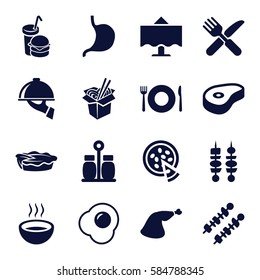 dinner icons set. Set of 16 dinner filled icons such as plate fork and spoon, noodles fast food, pie, meat leg, burger and drink, fork and knife, soup, beef, stomach, pizza