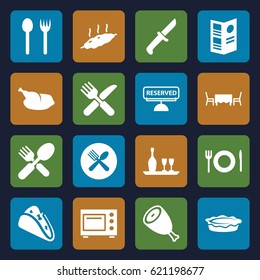 Dinner icons set. set of 16 dinner filled icons such as beef, taco, pie, fork and spoon, fork and knife, menu, reserved, restaurant table, chicken, meat, microwave