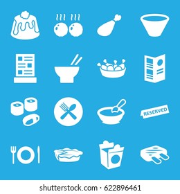 Dinner icons set. set of 16 dinner filled icons such as porridge, asian food, chicken leg, pie, take away food, meat leg, spoon and fork, plate fork and spoon, menu, reserved