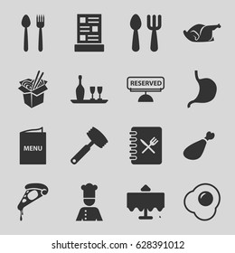 Dinner icons set. set of 16 dinner filled icons such as restaurant table, fork and spoon, pizza, noodles fast food, chicken, meat leg, stomach, chef, wine bottle and glass
