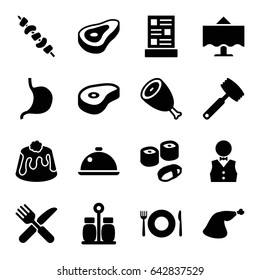 Dinner icons set. set of 16 dinner filled icons such as beef, plate fork and spoon, pie, meat leg, kebab, fork and knife, stomach, waiter, restaurant table, dish, menu, pepper