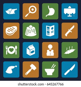 Dinner icons set. set of 16 dinner filled icons such as restaurant table, asian food, pie, chicken, meat leg, take away food, stomach, plate with spoon and fork, beef, waiter