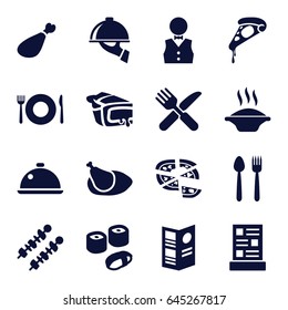 Dinner icons set. set of 16 dinner filled icons such as plate fork and spoon, pizza, pie, meat leg, fork and knife, chicken, waiter, dish, menu, dish serving, kebab, sushi