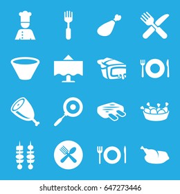 Dinner icons set. set of 16 dinner filled icons such as plate fork and spoon, chicken leg, pie, meat leg, fork and knife, kebab, restaurant table, chef, chicken, meat, bowl