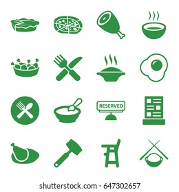 Dinner icons set. set of 16 dinner filled icons such as beef, porridge, baby chair, chicken leg, pizza, pie, fork and knife, soup, spoon and fork, chicken, menu, reserved