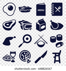 Dinner icons set. set of 16 dinner filled icons such as beef, baby chair, pie, pasta and wine glass, meat leg, take away food, pizza, chicken, menu, knife, pan, sushi