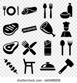 Dinner icons set. set of 16 dinner filled icons such as beef, dish, wrap sandwich, burrito, drink and food, kebab, fork and knife, chef, reserved, meat, knife
