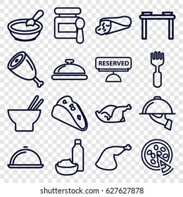 Dinner icons set. set of 16 dinner outline icons such as dish, baby food, porridge, wrap sandwich, taco, asian food, drink and food, chicken, meat leg, fork, pizza, reserved