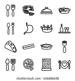 Dinner icons set. set of 16 dinner outline icons such as spoon and fork, dish, fork and spoon, taco, pizza, chicken leg, pie, stomach, menu