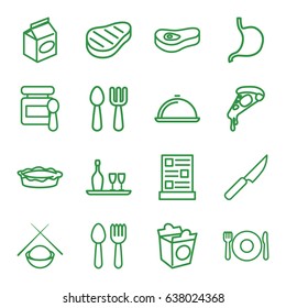 Dinner icons set. set of 16 dinner outline icons such as spoon and fork, plate fork and spoon, baby food, pizza, pie, take away food, stomach, beef, dish, menu, meat, knife