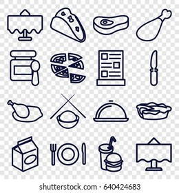 Dinner icons set. set of 16 dinner outline icons such as restaurant table, baby food, taco, pizza, pie, meat leg, burger and drink, knife, take away food, dish