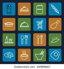 Dinner icons set. set of 16 dinner outline icons such as spoon and fork, dish, baby chair, asian food, burrito, pie, kebab, meat leg, soup, wine bottle and glass, menu, meat