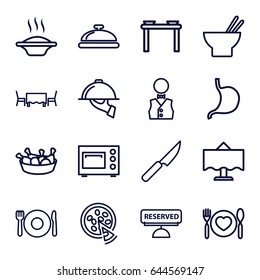 Dinner icons set. set of 16 dinner outline icons such as plate fork and spoon, dish, asian food, chicken leg, stomach, plate with spoon and fork, pizza, waiter