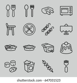 Dinner icons set. set of 16 dinner outline icons such as spoon and fork, restaurant table, pie, take away food, kebab, fork, meat, microwave, sushi, baby chair
