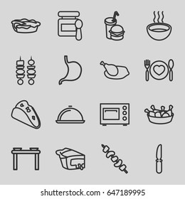 Dinner icons set. set of 16 dinner outline icons such as baby food, taco, chicken leg, pie, kebab, burger and drink, knife, soup, stomach, plate with spoon and fork, dish