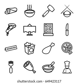 Dinner icons set. set of 16 dinner outline icons such as porridge, wrap sandwich, pizza, take away food, meat leg, knife, fork, soup, restaurant table, chef, menu, reserved