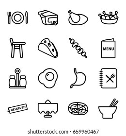 Dinner icons set. set of 16 dinner outline icons such as restaurant table, taco, asian food, chicken leg, pizza, pie, kebab, stomach, chicken, plate fork and spoon, menu