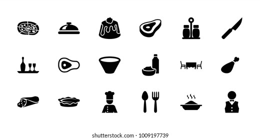 Dinner icons. set of 18 editable filled dinner icons: beef, spoon and fork, dish, wrap sandwich, pizza, drink and food, pie, meat leg, waiter, chef, wine bottle and glass