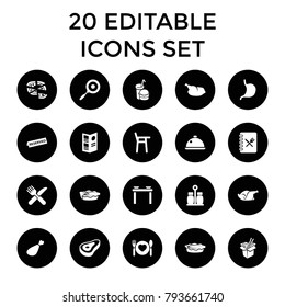 Dinner icons. set of 20 editable filled dinner icons such as beef, baby chair, table with plates and pan, pizza. best quality dinner elements in trendy style.