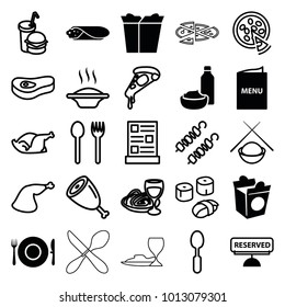 Dinner icons. set of 25 editable filled and outline dinner icons such as drink and food, take away food, menu, reserved, fork and spoon, soup, pizza, chicken, meat leg, spoon