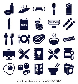 Dinner icons set. set of 25 dinner filled icons such as spoon and fork, baby food, asian food, burrito, knife, soup, beef, restaurant table, menu, reserved, meat, kebab, sushi