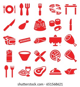 Dinner icons set. set of 25 dinner filled icons such as beef, plate fork and spoon, restaurant table, dish, fork and spoon, wrap sandwich, pizza, burrito, pie, chicken