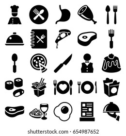 Dinner icons set. set of 25 dinner filled icons such as plate fork and spoon, pizza, noodles fast food, pie, take away food, pasta and wine glass, spoon, fork, beef, stomach