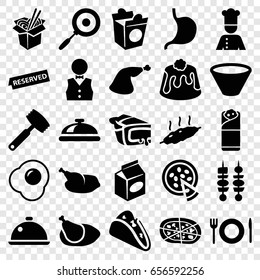 Dinner icons set. set of 25 dinner filled icons such as dish, taco, noodles fast food, pizza, burrito, pie, take away food, meat leg, stomach, kebab, chicken, waiter, chef