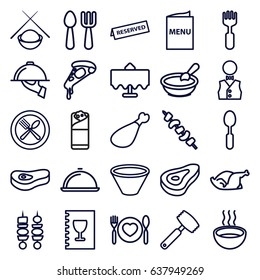Dinner icons set. set of 25 dinner outline icons such as restaurant table, beef, porridge, fork and spoon, pizza, burrito, chicken, kebab, meat leg, spoon, fork, soup, waiter