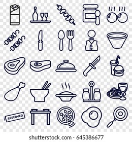 Dinner icons set. set of 25 dinner outline icons such as spoon and fork, dish, beef, baby food, asian food, burrito, pasta and wine glass, kebab, meat leg, knife, pizza
