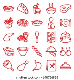 Dinner icons set. set of 25 dinner outline icons such as plate fork and spoon, dish, beef, taco, noodles fast food, pizza, pie, pasta and wine glass, meat leg, kebab