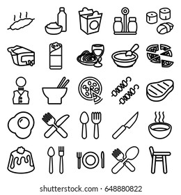 Dinner icons set. set of 25 dinner outline icons such as spoon and fork, porridge, pizza, asian food, burrito, drink and food, pie, take away food, soup, beef, waiter, pepper