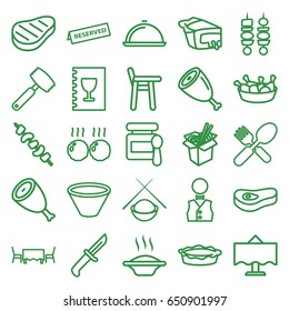 Dinner icons set. set of 25 dinner outline icons such as beef, baby food, chicken leg, noodles fast food, pie, kebab, fork and spoon, waiter, restaurant table, dish, menu
