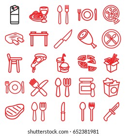 Dinner icons set. set of 25 dinner outline icons such as spoon and fork, plate fork and spoon, beef, baby food, pizza, noodles fast food, burrito, take away food, knife, meat