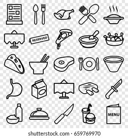 Dinner icons set. set of 25 dinner outline icons such as plate fork and spoon, restaurant table, dish, porridge, taco, pizza, asian food, chicken leg, drink and food, chicken
