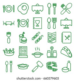 Dinner icons set. set of 25 dinner outline icons such as restaurant table, fork and spoon, taco, pizza, chicken leg, drink and food, pie, fork, menu, pepper, kebab, knife, egg