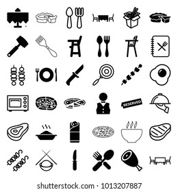 Dinner icons. set of 36 editable filled and outline dinner icons such as beef, plate fork and spoon, restaurant table, baby chair, pizza, burrito, knife, waiter, reserved, egg