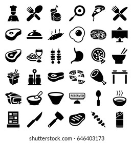 Dinner icons set. set of 36 dinner filled icons such as beef, dish, porridge, pizza, asian food, noodles fast food, burrito, pie, pasta and wine glass, kebab, burger and drink