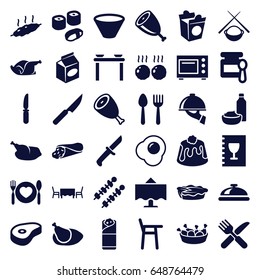 Dinner icons set. set of 36 dinner filled icons such as beef, spoon and fork, dish, baby food, wrap sandwich, chicken leg, burrito, drink and food, pie, chicken, knife