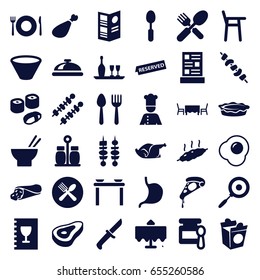 Dinner icons set. set of 36 dinner filled icons such as beef, spoon and fork, plate fork and spoon, restaurant table, dish, baby food, wrap sandwich, pizza, asian food, pie