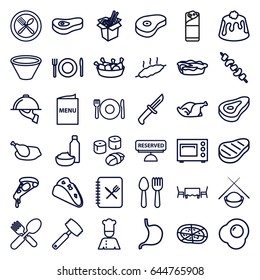 Dinner icons set. set of 36 dinner outline icons such as spoon and fork, plate fork and spoon, beef, taco, pizza, chicken leg, noodles fast food, burrito, pie, chicken, kebab