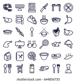 Dinner icons set. set of 36 dinner outline icons such as restaurant table, baby food, baby chair, fork and spoon, wrap sandwich, taco, pizza, noodles fast food, burrito, pie