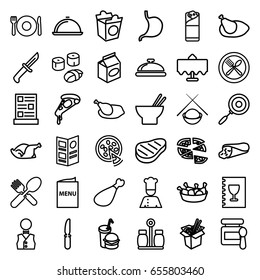 Dinner icons set. set of 36 dinner outline icons such as plate fork and spoon, restaurant table, dish, baby food, wrap sandwich, pizza, asian food, chicken leg, burrito