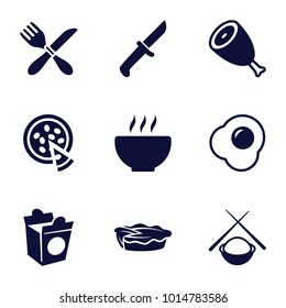 Dinner icons. set of 9 editable filled dinner icons such as beef, pie, take away food, pizza, asian food, egg, knife, fork and knife