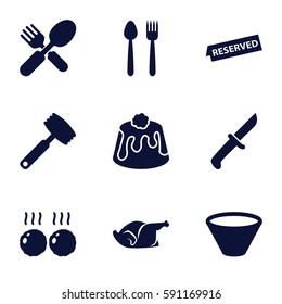 dinner icons set. Set of 9 dinner filled icons such as pie, chicken, fork and spoon, reserved, meat, bowl, knife