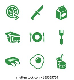 Dinner icons set. set of 9 dinner filled icons such as plate fork and spoon, pie, burger and drink, fork, take away food, pizza, meat, egg
