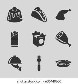 Dinner icons set. set of 9 dinner filled icons such as taco, burrito, pie, take away food, meat leg, fork, dish serving